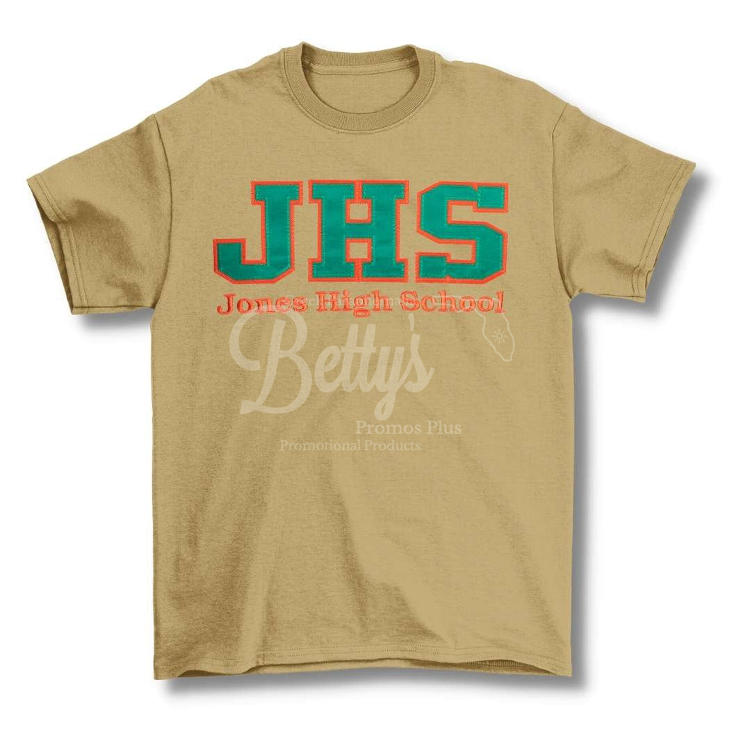 Jones High School Double Stitched Appliqué Embroidered T-ShirtShort Sleeve-Khaki-Small-Betty's Promos Plus Greek Paraphernalia