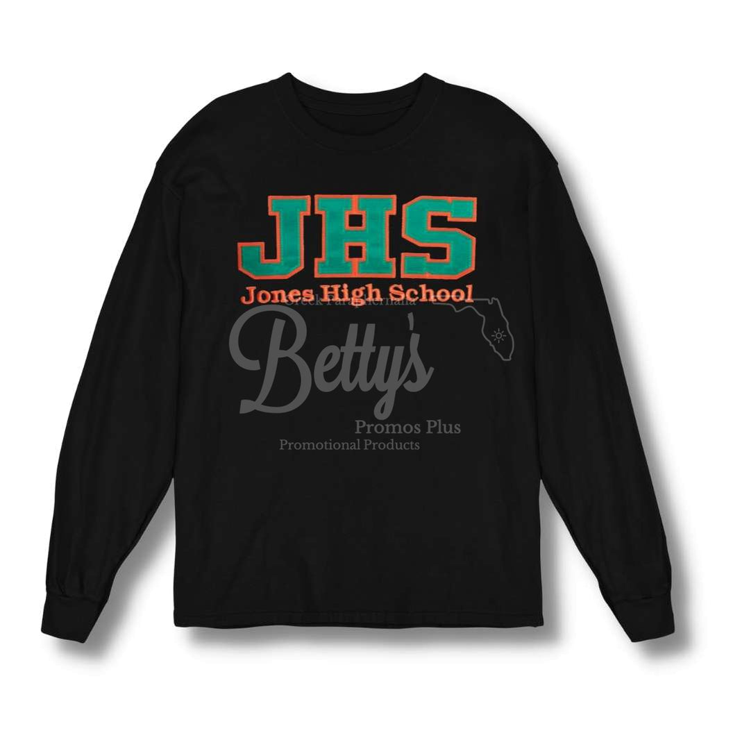 Jones High School Double Stitched Applique Embroidered T-ShirtLong Sleeve-Black-Small-Betty's Promos Plus Greek Paraphernalia