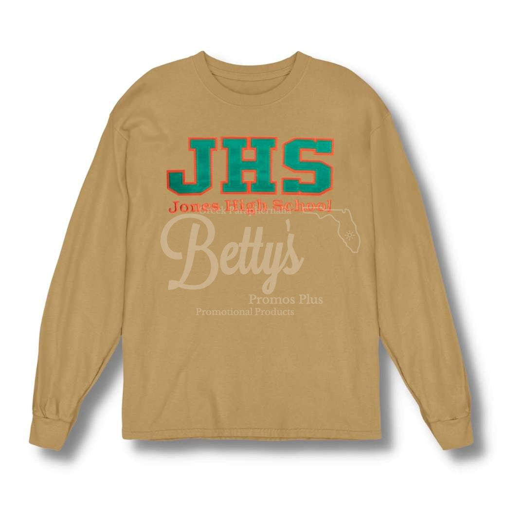 Jones High School Double Stitched Applique Embroidered T-ShirtLong Sleeve-Khaki-Small-Betty's Promos Plus Greek Paraphernalia