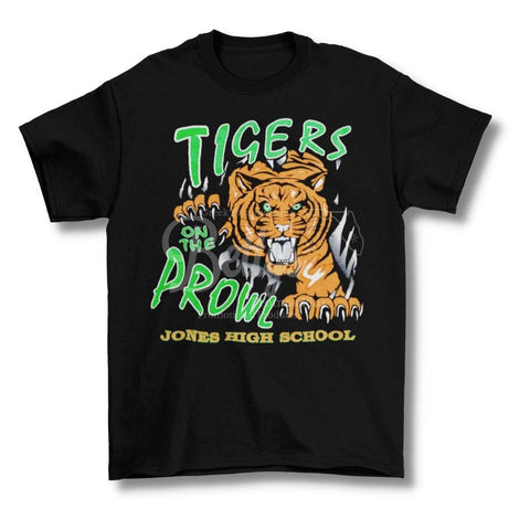 Jones High School "Tigers on the Prowl" Screen Printed T-ShirtBlack-Small-Betty's Promos Plus Greek Paraphernalia