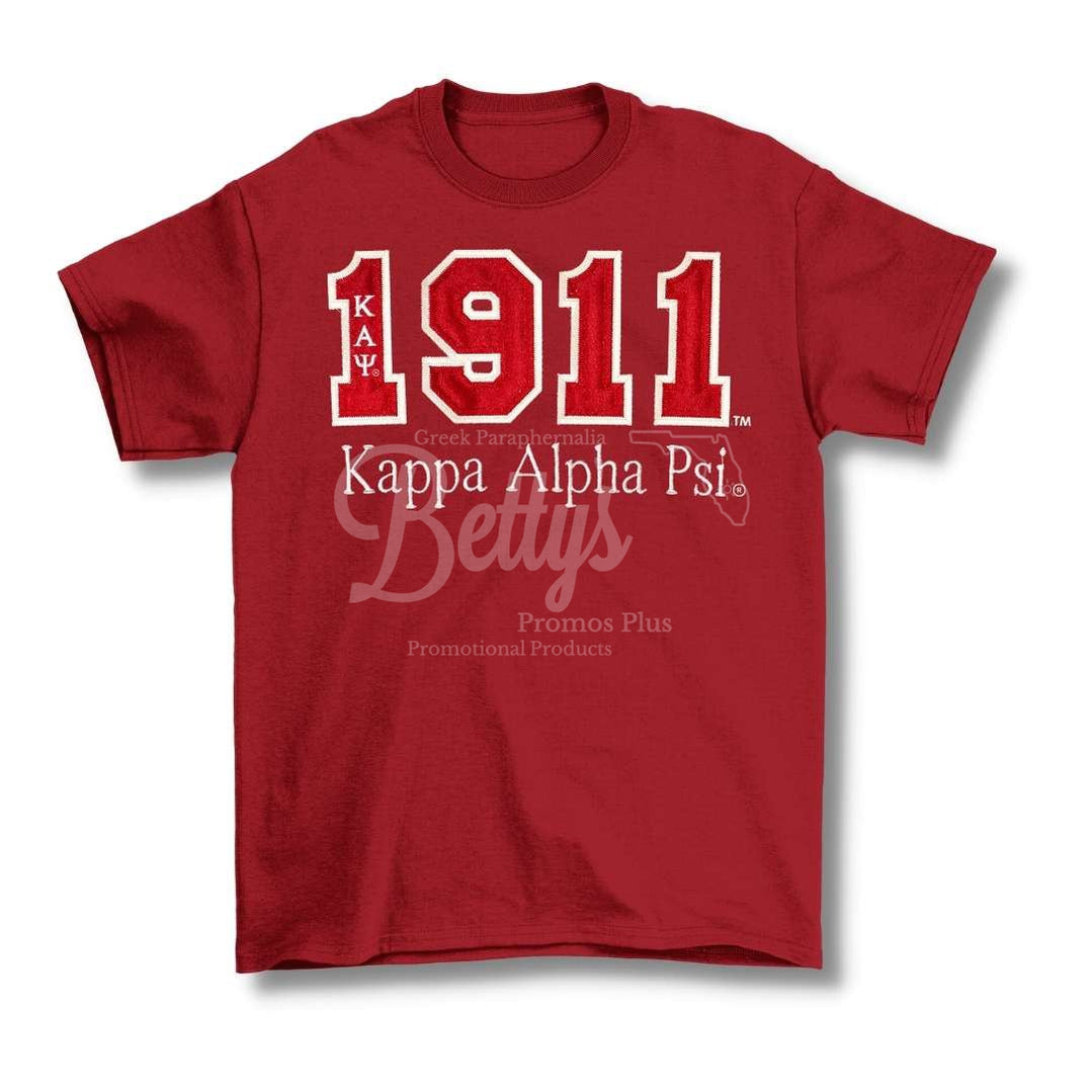 Kappa Alpha Psi ΚΑΨ 1911 Script Double Stitched Appliqué Embroidered Line T-ShirtCrimson-Small-Betty's Promos Plus Greek Paraphernalia