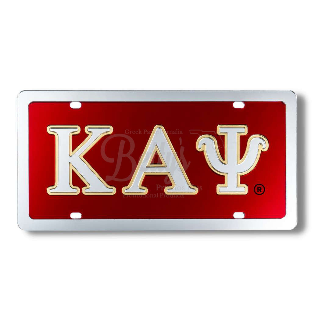 Kappa Alpha Psi ΚΑΨ Greek Letters Acrylic Mirrored Laser Engraved Auto Tag License PlateRed Background-Gold Letter Trim-Silver Trim-Betty's Promos Plus Greek Paraphernalia