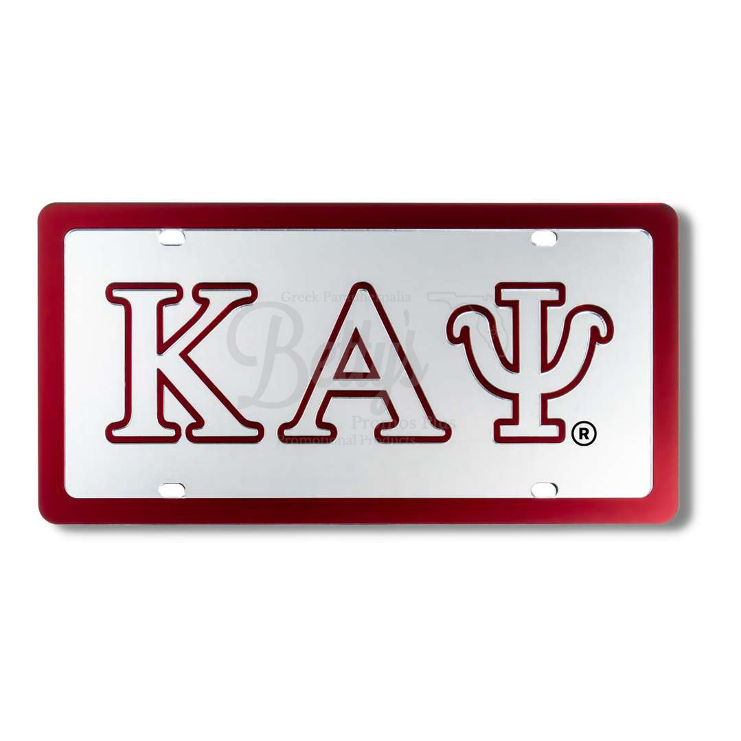 Kappa Alpha Psi ΚΑΨ Greek Letters Acrylic Mirrored Laser Engraved Auto Tag License PlateSilver Background-Red Letter Trim-Red Trim-Betty's Promos Plus Greek Paraphernalia