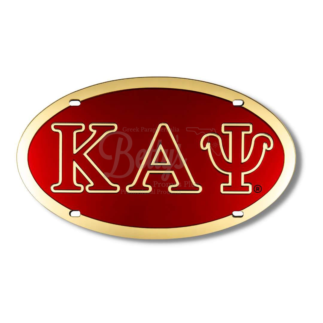 Kappa Alpha Psi KAΨ Letter Trim Acrylic Laser Engraved Oval Auto Tag License PlateRed Background-Gold Letter Trim-Gold Trim-Betty's Promos Plus Greek Paraphernalia