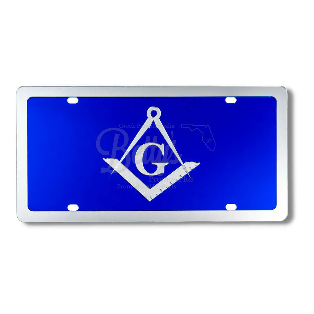 Mason Masonic Shield Freemason Acrylic Laser Engraved Auto TagBlue Background-Silver Trim-Betty's Promos Plus Greek Paraphernalia