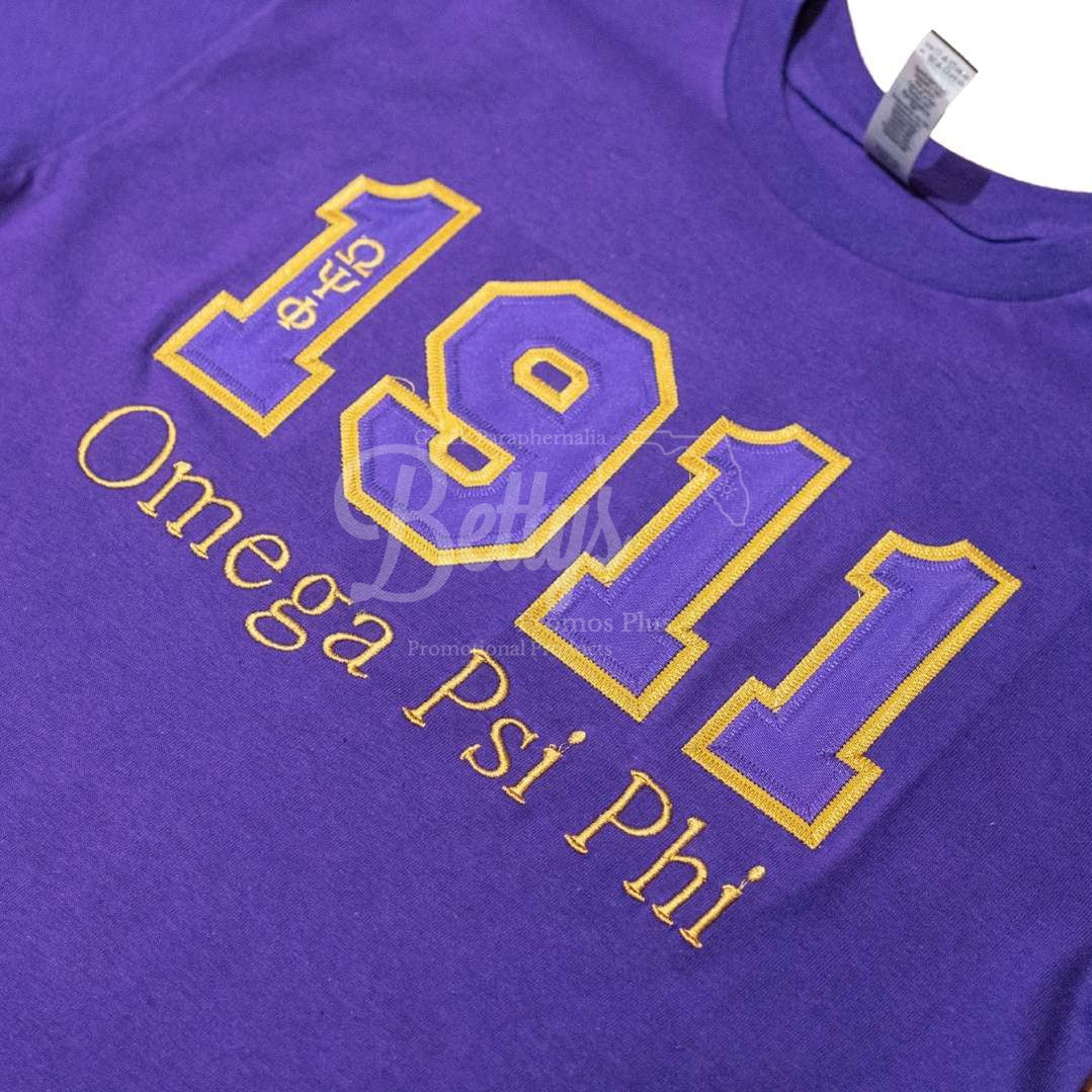 Omega Psi Phi 1911 ΩΨΦ Script Double Stitched Appliqué Embroidered Line T-Shirt-Betty's Promos Plus Greek Paraphernalia