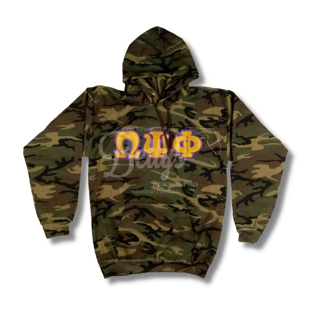 Omega Psi Phi ΩΨΦ Applique Embroidered Greek Letter Pullover Hoodie SweatshirtCamouflage-Small-Betty's Promos Plus Greek Paraphernalia