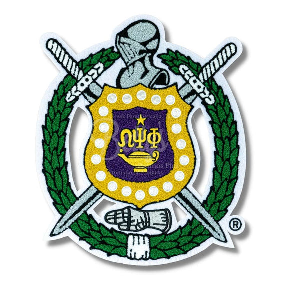 Omega Psi Phi ΩΨΦ Chenille Shield Iron-on Embroidery PatchChenille-White Background-Betty's Promos Plus Greek Paraphernalia