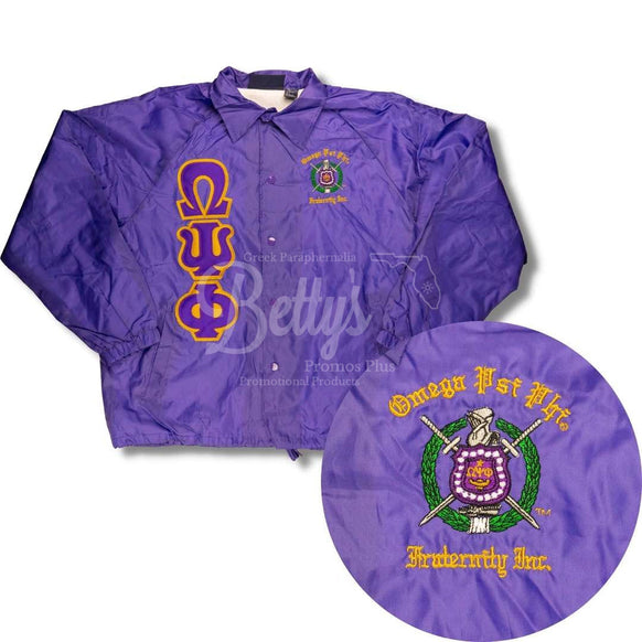 Omega Psi Phi ΩΨΦ Double-Stitched Embroidered Windbreaker Greek Line JacketStandard Lettering-Purple-Small-Betty's Promos Plus Greek Paraphernalia