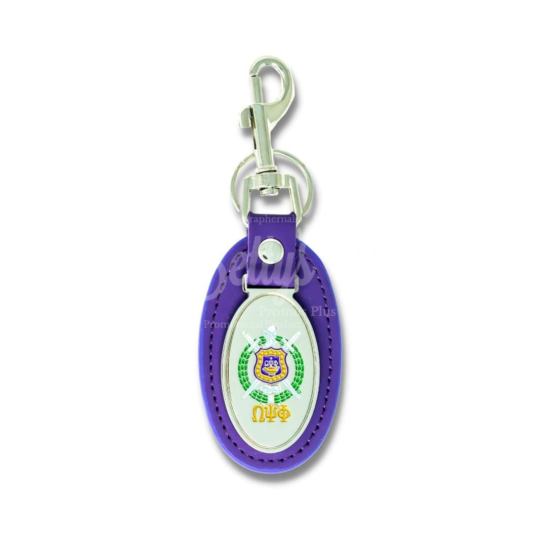 Omega Psi Phi ΩΨΦ Shield Keychain Leather Key FobPurple-Betty's Promos Plus Greek Paraphernalia