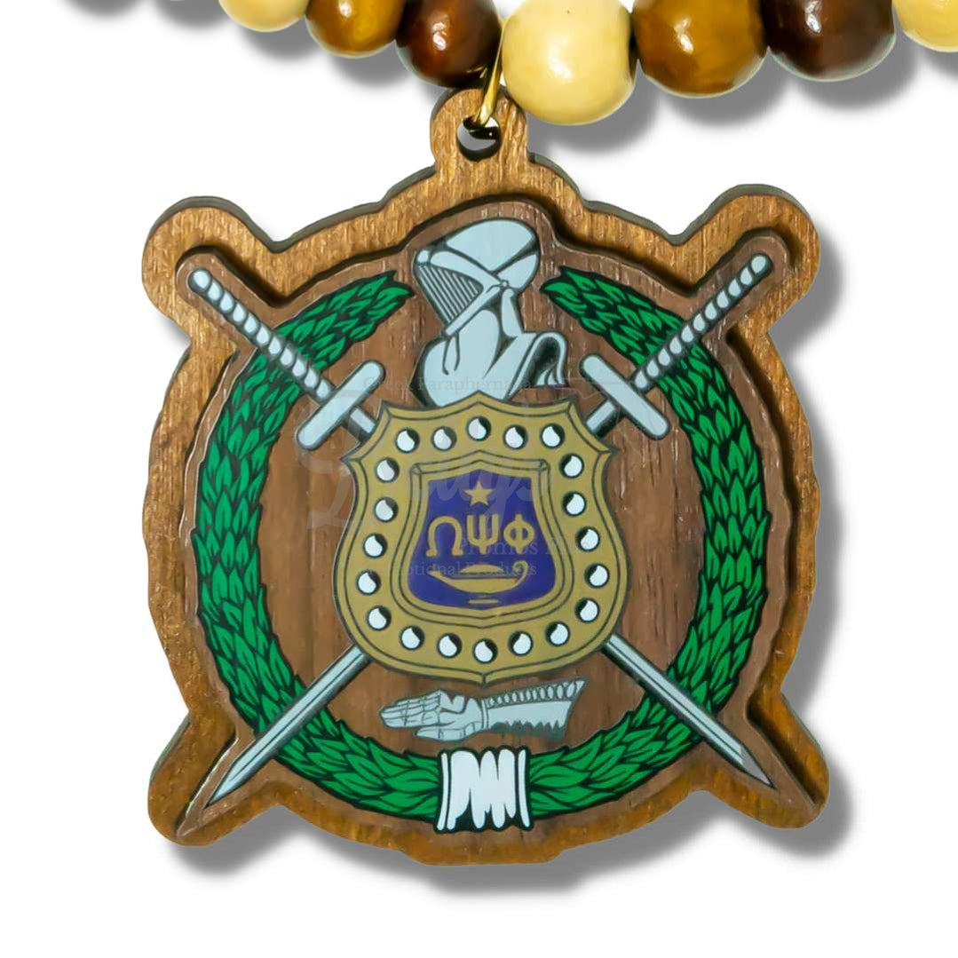 Omega Psi Phi ΩΨΦ Shield Wood Bead Raised Crest Tiki NecklaceBrown-Betty's Promos Plus Greek Paraphernalia