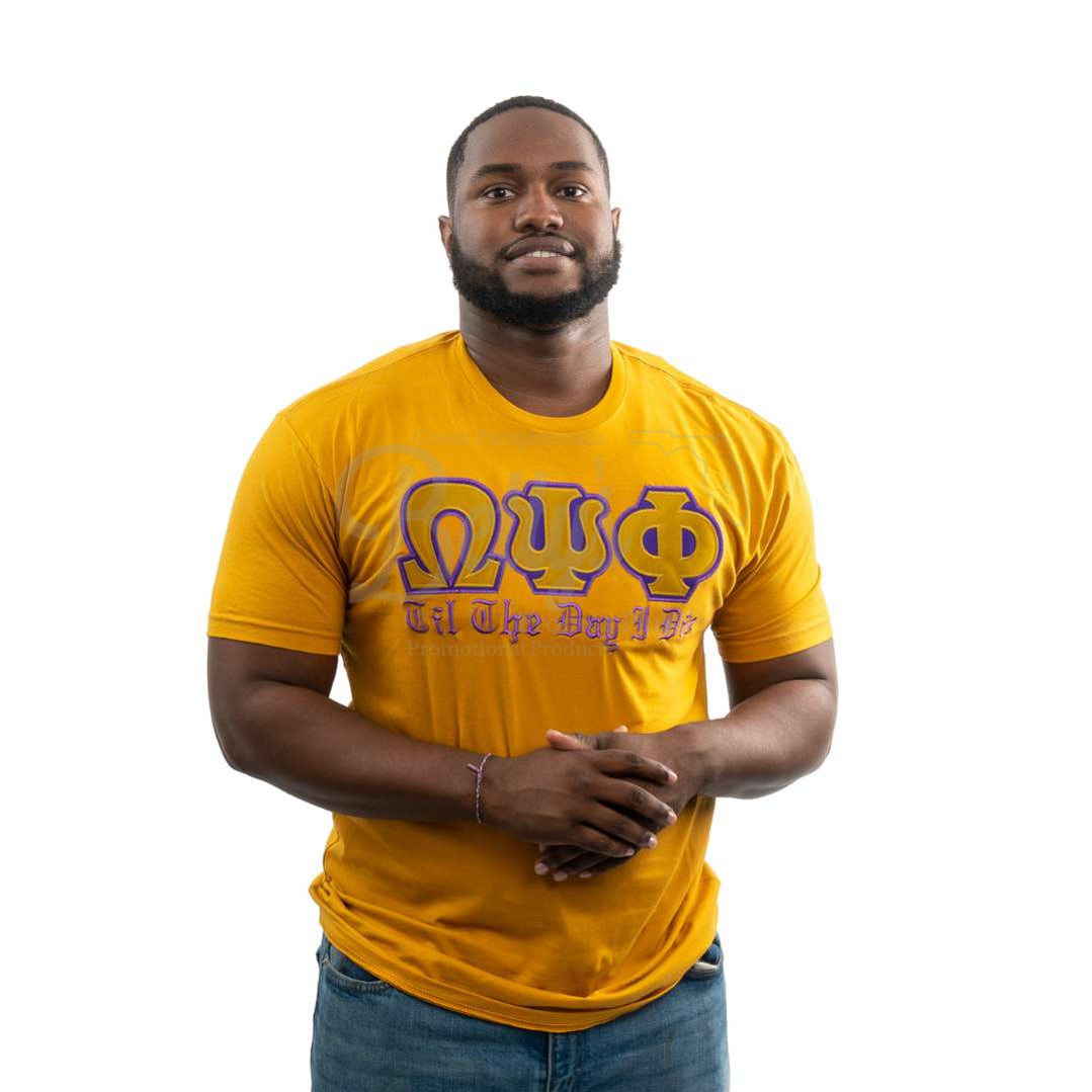 Omega Psi Phi ΩΨΦ Till the Day I Die Double Stitched Appliqué Embroidered Line T-Shirt-Betty's Promos Plus Greek Paraphernalia