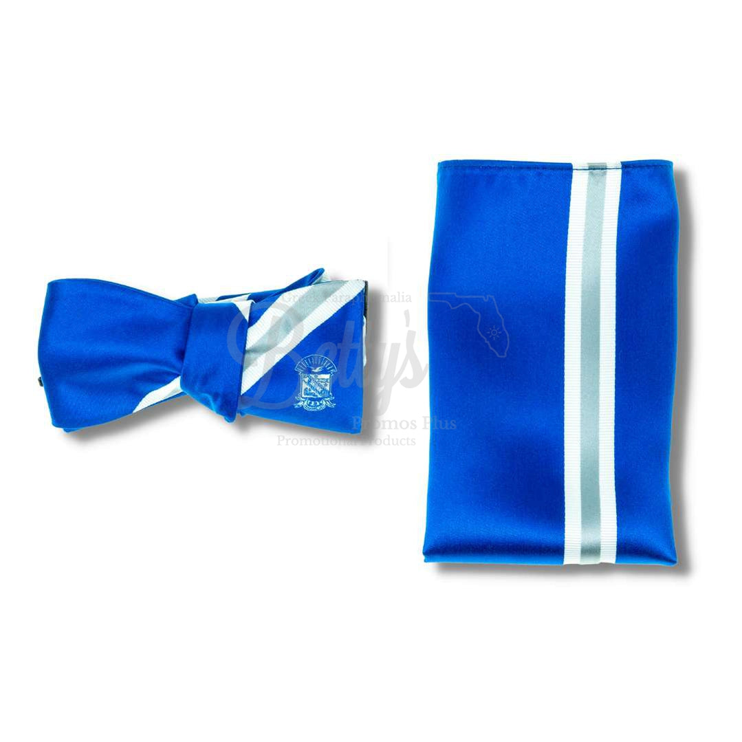 Phi Beta Sigma ΦΒΣ Bow Tie and Pocket Square ComboBlue-Small White Stripes & Small Silver Stripe-Betty's Promos Plus Greek Paraphernalia