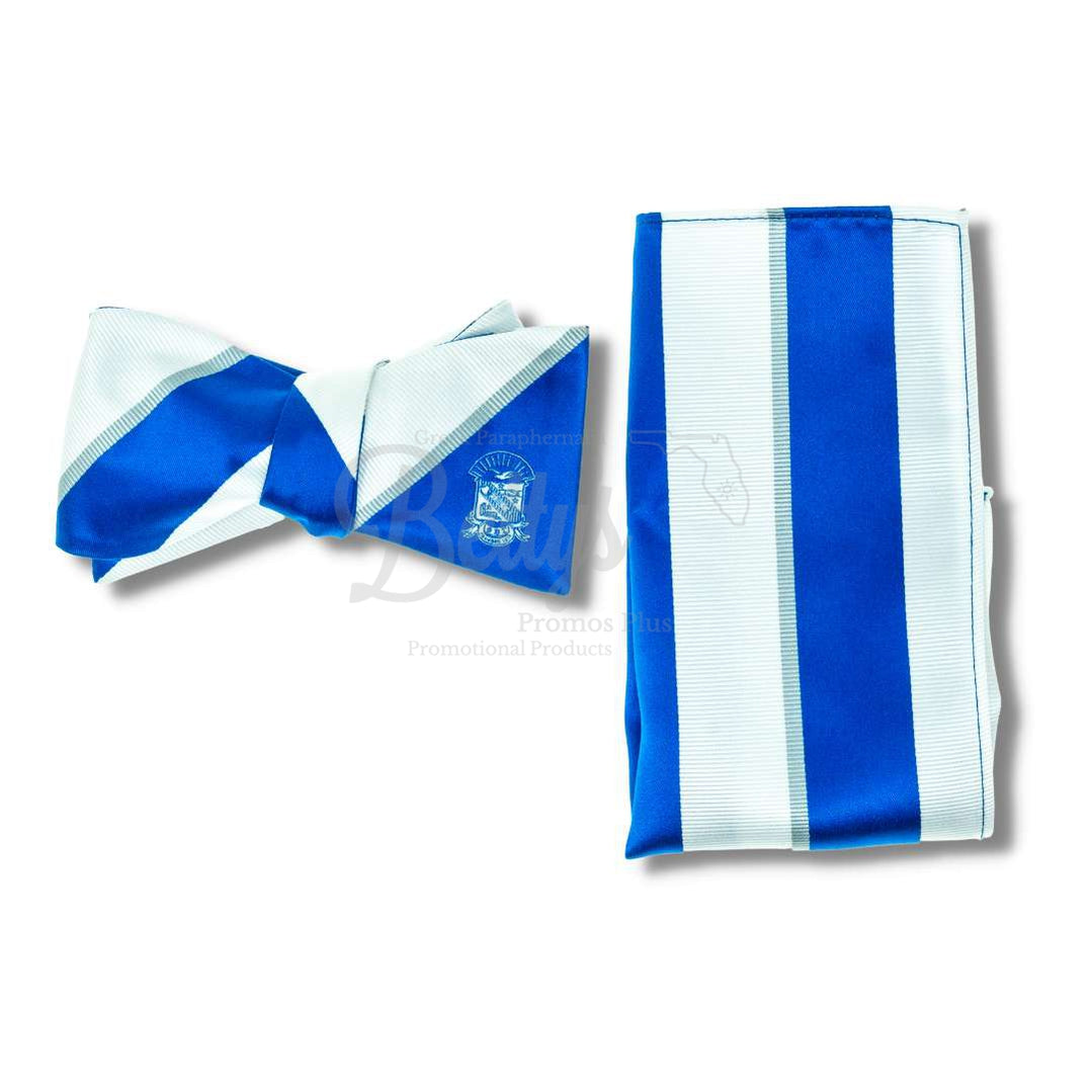 Phi Beta Sigma ΦΒΣ Bow Tie and Pocket Square ComboBlue-Large White Stripes & Small Silver Stripe-Betty's Promos Plus Greek Paraphernalia