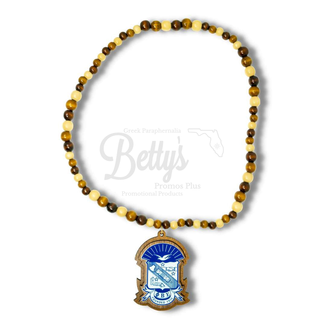 Phi Beta Sigma ΦΒΣ Shield Wood Bead Raised Crest Tiki NecklaceBrown-Betty's Promos Plus Greek Paraphernalia