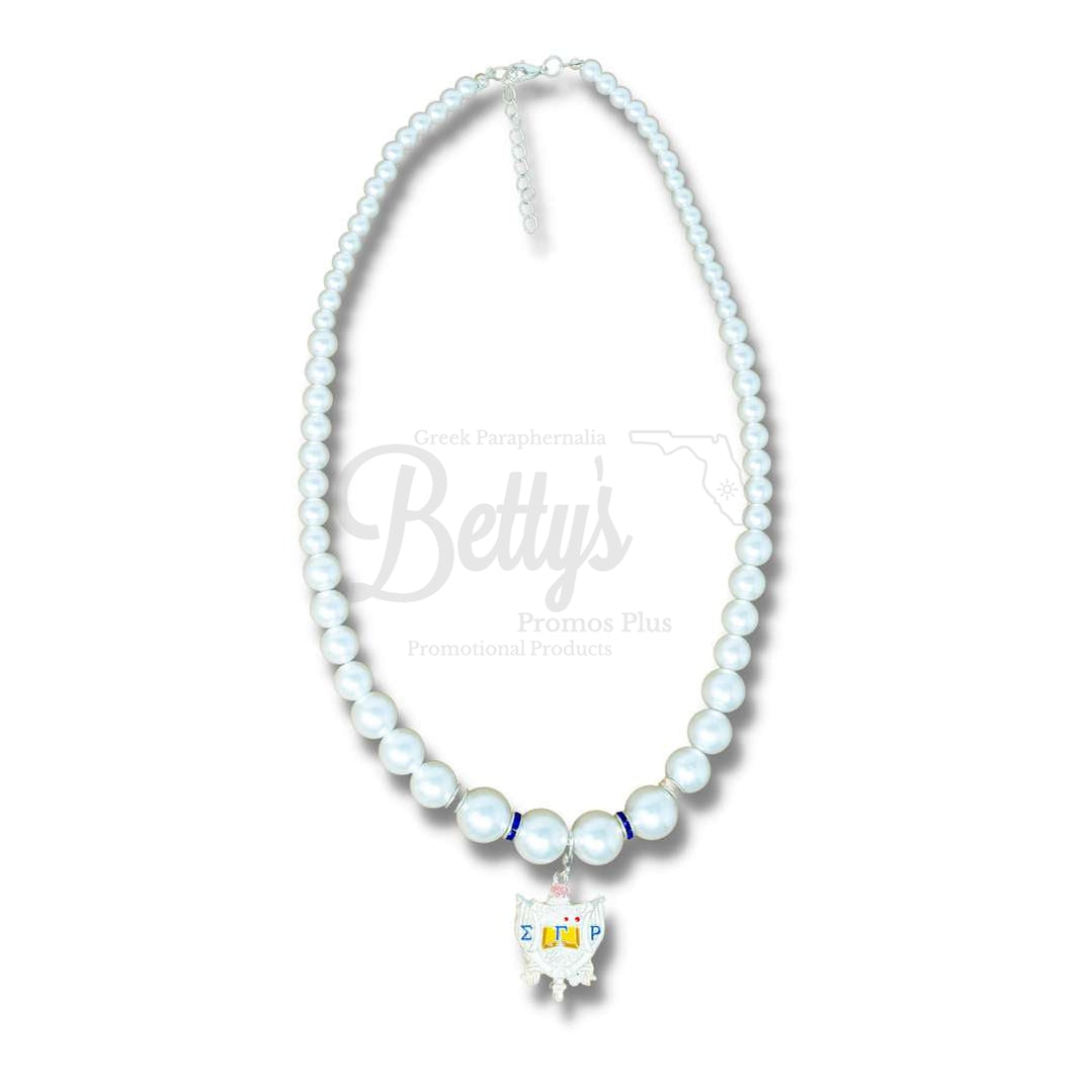 Sigma Gamma Rho ΣΓΡ Pearl & Shield NecklaceWhite-Betty's Promos Plus Greek Paraphernalia