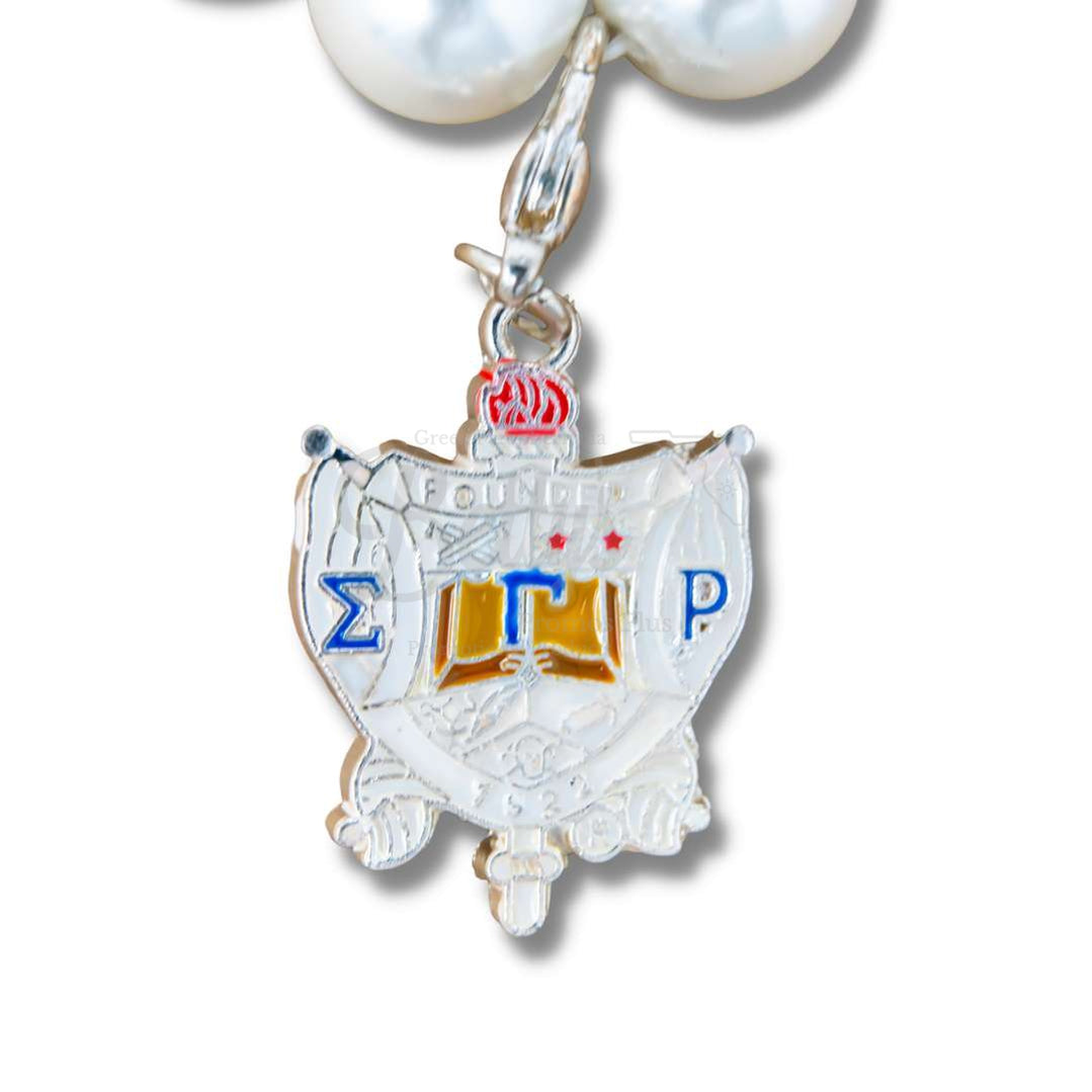 Sigma Gamma Rho ΣΓΡ Pearl and Shield Bracelet, ΣΓΡ Bracelet with ΣΓΡ Shield CharmWhite-Betty's Promos Plus Greek Paraphernalia