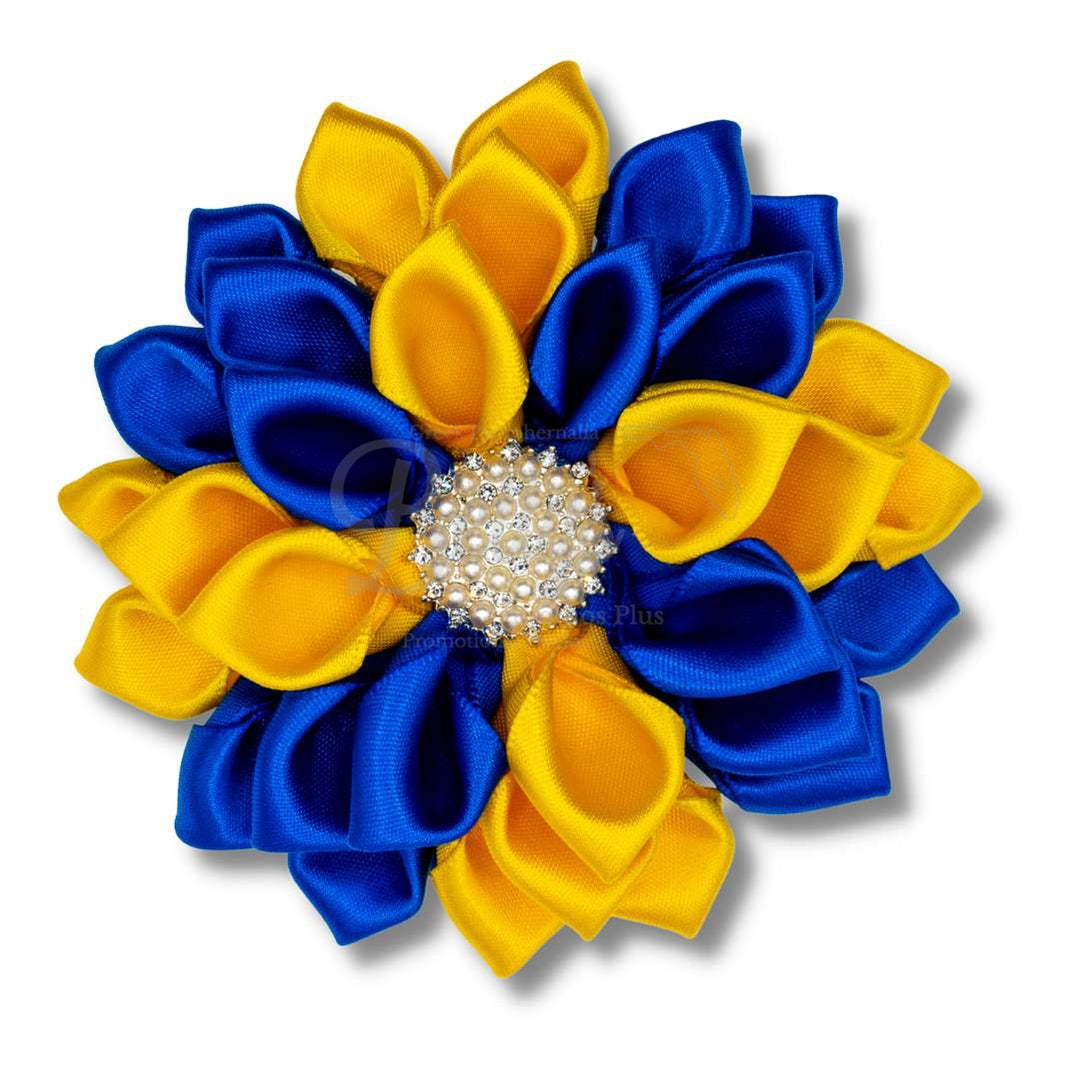 Sigma Gamma Rho ΣΓΡ Silk Flower BroochBlue with Yellow Gold-Small - 3.5