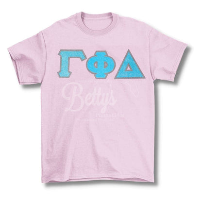 Gamma Phi Delta ΓΦΔ Greek Letters Glitter Screen Printed T-Shirt-Pink-Small- Paraphernalia- T-Shirts-Betty's Promos Plus