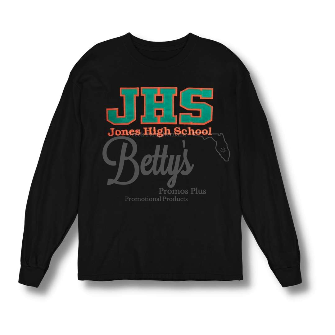Jones High School Double Stitched Appliqué Embroidered T-Shirt-Long Sleeve-Black-Small- Paraphernalia- T-Shirts-Betty's Promos Plus